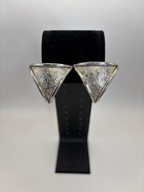 Vintage Triangular Silver Tone  Floral Etched Puffy Statement Clip On Earrings